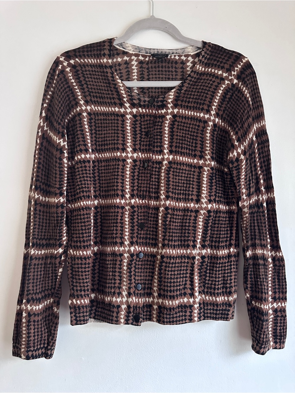 Talbots Merino Wool Plaid Houndstooth Cardigan Sweater Brown Black Size L